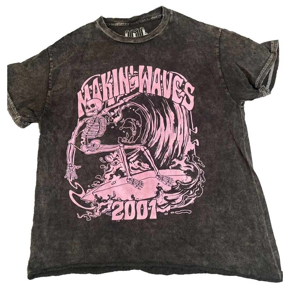 Isaac Morris Makin Waves Skeleton Surf T Shirt Small‎ Charcoal Pink  Distressed